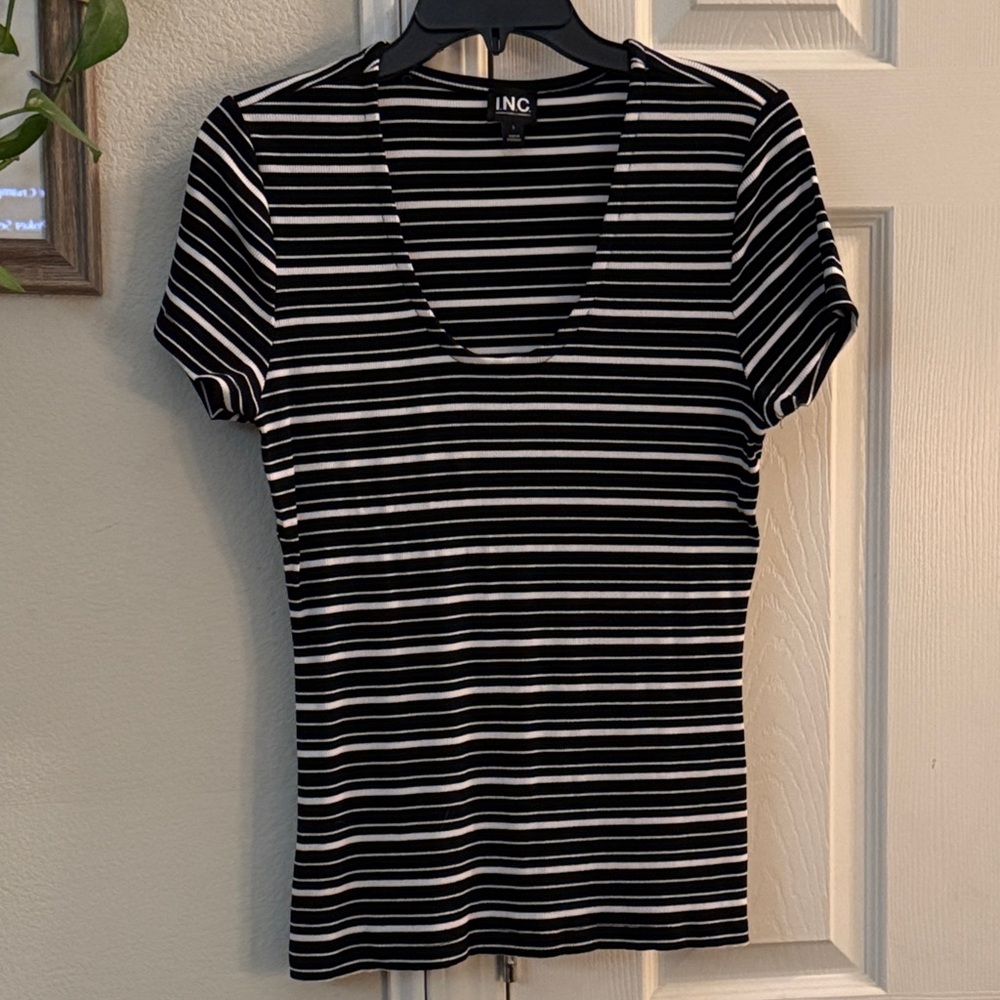 INC International Concepts Black & White Striped V-Neck Tee
